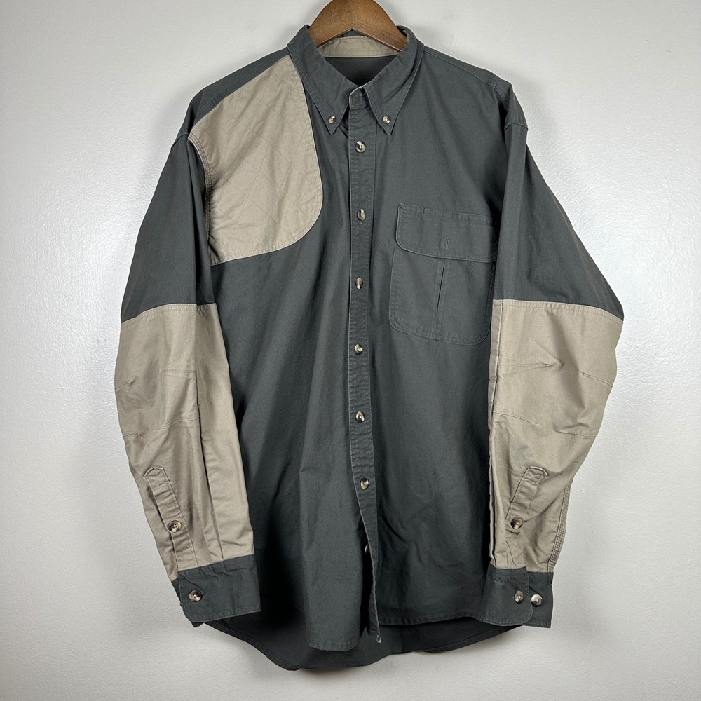 Cabela's Men's Large Tall Shooting Shirt Gray Khaki Quilted Shoulder Pad
